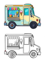 Fototapeta premium Cute Ice Cream Truck, Coloring Page Illustration