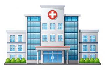 White hospital building with red cross symbol and blue glass windows isolated on a transparent background