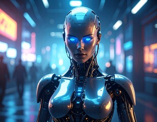 Cinematic portrait of a female cyborg with glowing blue eyes walking through a futuristic city street with neon lights at night, a concept of sci-fi and AI.