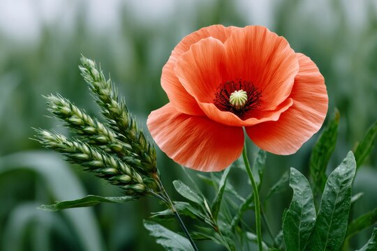 Red poppy flower growing next to green wheat in the field - Powered by Adobe
