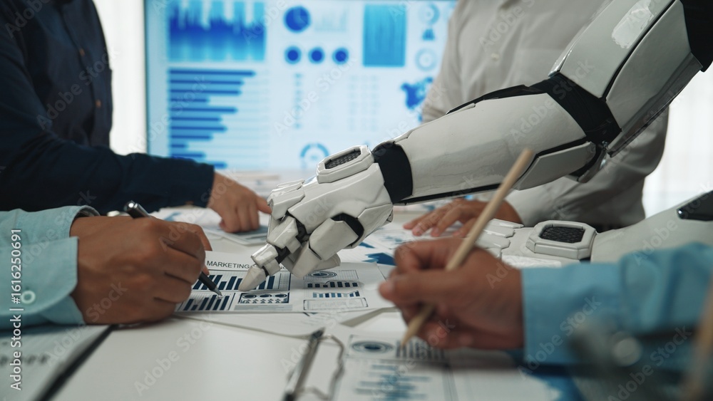 Poster a robotic arm collaborates with a diverse team during a business meeting, aiding in data analysis an