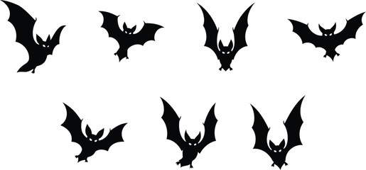 Fototapeta premium Flying black bats with glowing eyes silhouette white background