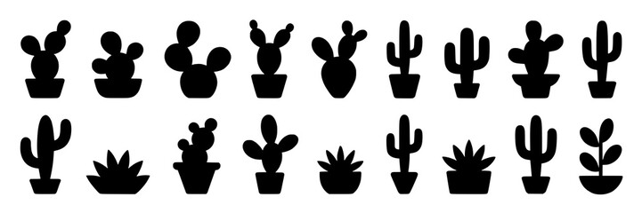 Fototapeta premium Collection of black silhouette cactus and succulent plants, some in pots, spread across a white background in two rows