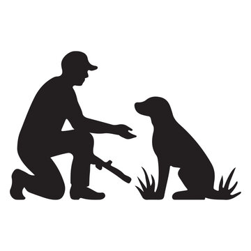 Hunter kneeling with dog sitting patiently nearby silhouette