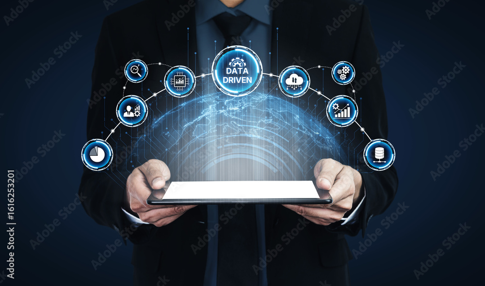 Poster data-driven decision-making empowers business through analytics, datum collection, and ai systems. d