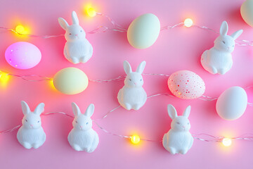 Easter bunnies pastel eggs and fairy lights on pink background