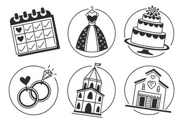 Fototapeta premium Wedding Planning Icons Calendar Dress Cake Rings Venue Chapel.