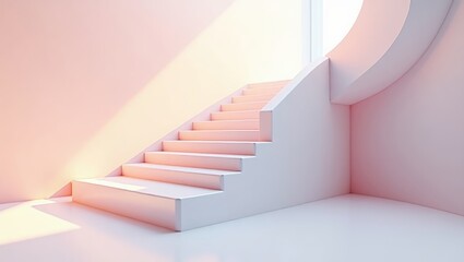 Fototapeta premium Minimalist white steps against a pale pink wall.