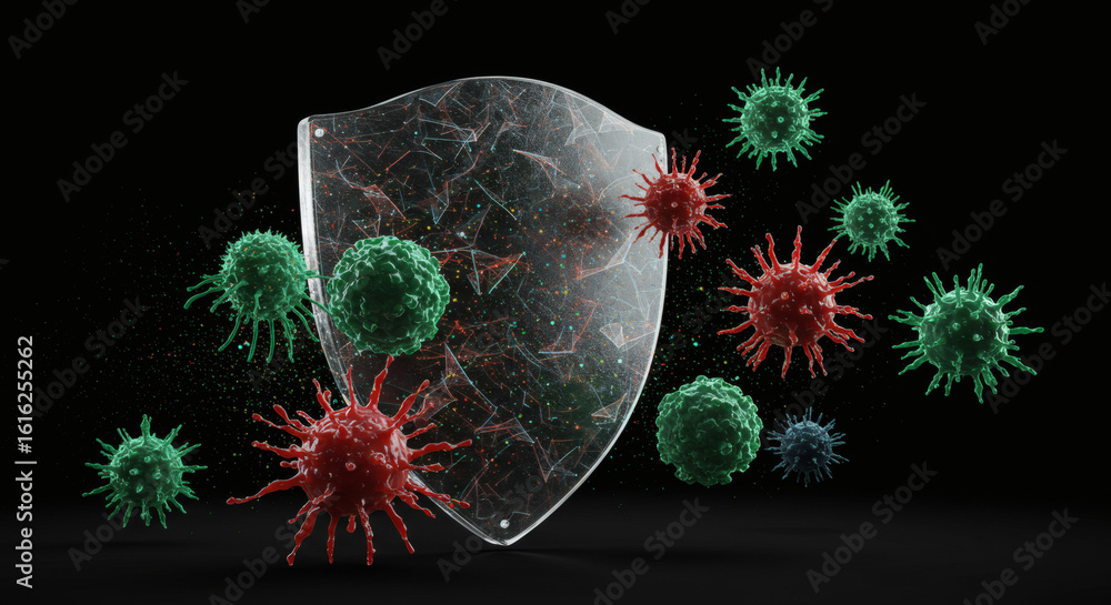 Poster conceptual 3d rendering of a cracked shield symbolizing a weakened immune system under attack from v