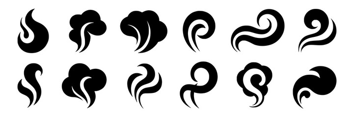 Naklejka premium Collection of twelve black and white vector illustrations of stylized smoke, steam, or vapor. The set includes abstract shapes representing wisps, clouds, and swirling movement, depicting various for