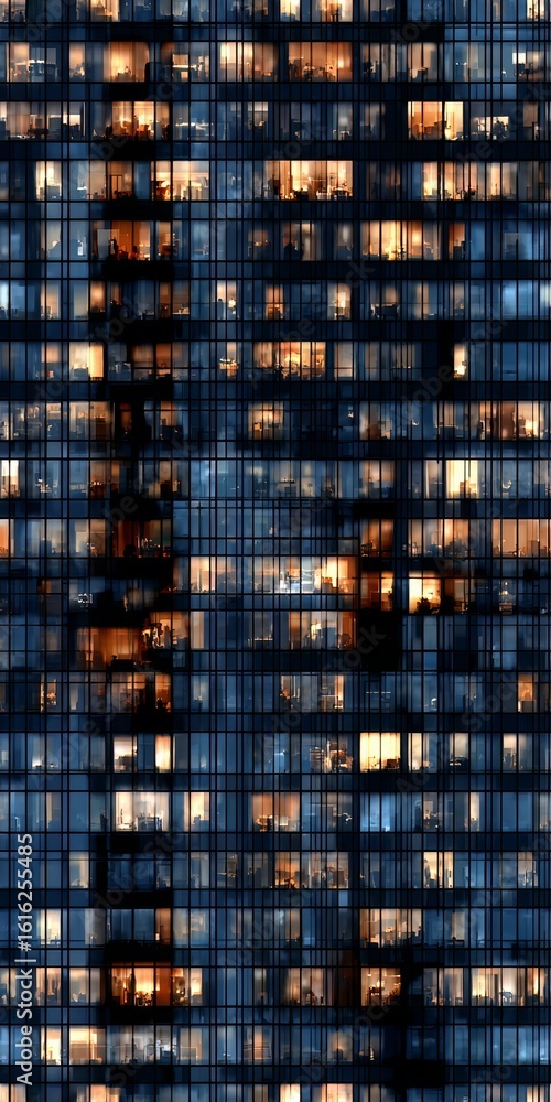 Poster building with many windows and a blue sky background
