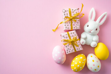 Easter gifts bunny and eggs on pink background