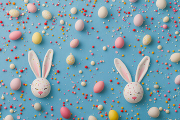 Easter bunny faces pastel eggs and sprinkles on blue background
