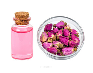 Rose water and dried rosebuds in a glass bowl, perfect for spa, beauty, and wellness products.