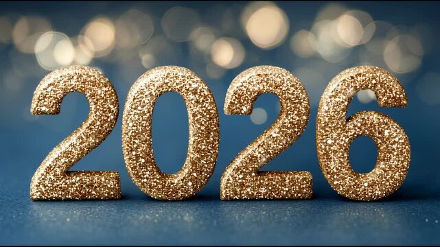 New year 2026 celebration festive background. Golden glitter numbers 2026 on blue background with bokeh lights