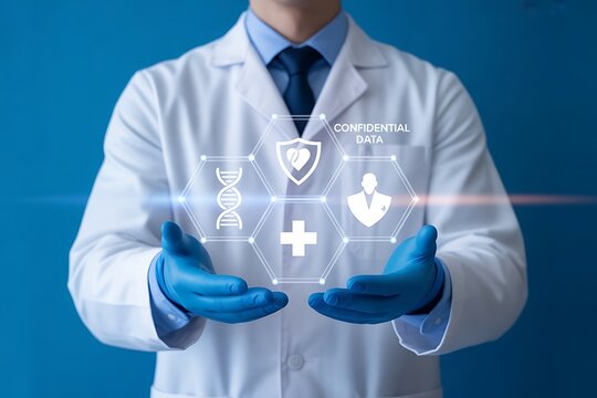 Doctor presenting medical data icons D N A shield cross and patient silhouette healthcare confidential