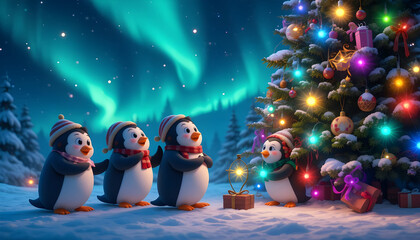 Cute Penguins Celebrating Christmas Under the Northern Lights.Three adorable cartoon penguins in winter hats and scarves stand in a snowy landscape, observing a decorated Christmas tree with colorful 