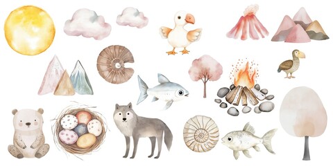 Obraz premium Wonderful Wildlife Elements Illustrate Natural BeautyMajestic Mountains And Animals Form Perfect Scene 