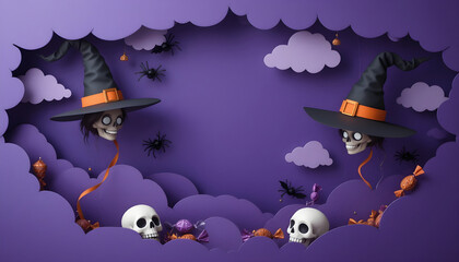 Spooky Halloween Decor with Skulls and Witch Hats.This vibrant purple Halloween scene features two stylized skulls wearing witch hats, floating amidst paper-cut cloud formations.