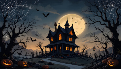 Spooky Halloween Mansion at Night Under a Full Moon.A captivating illustration of a haunted mansion nestled in a spooky, moonlit landscape.