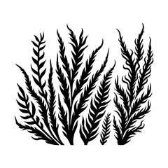 Black Silhouette of Fern Fronds and Grass.