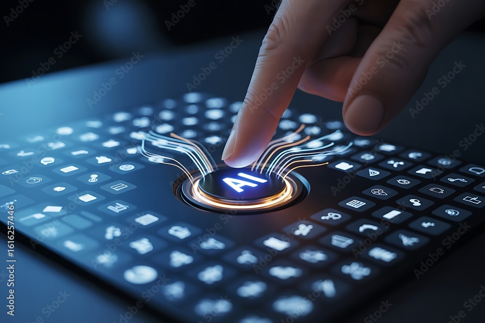 Poster finger pressing glowing a i button on futuristic keyboard with digital icons artificial intelligence
