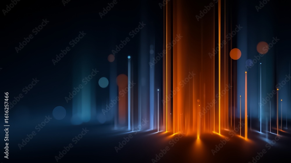 Poster dark background with orange and blue lines and dots