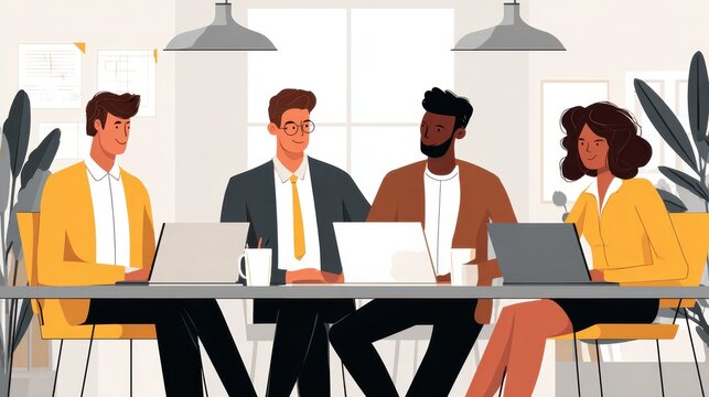 Vector illustration Diverse corporate team sitting at desk with technology, working together on business planning and collaboration