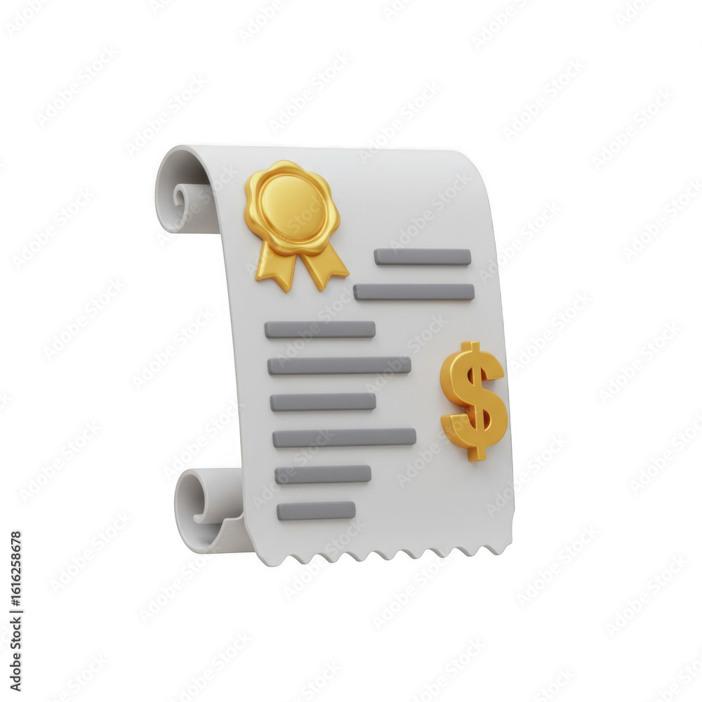 Poster 3d certificate with seal and dollar sign isolated on transparent background