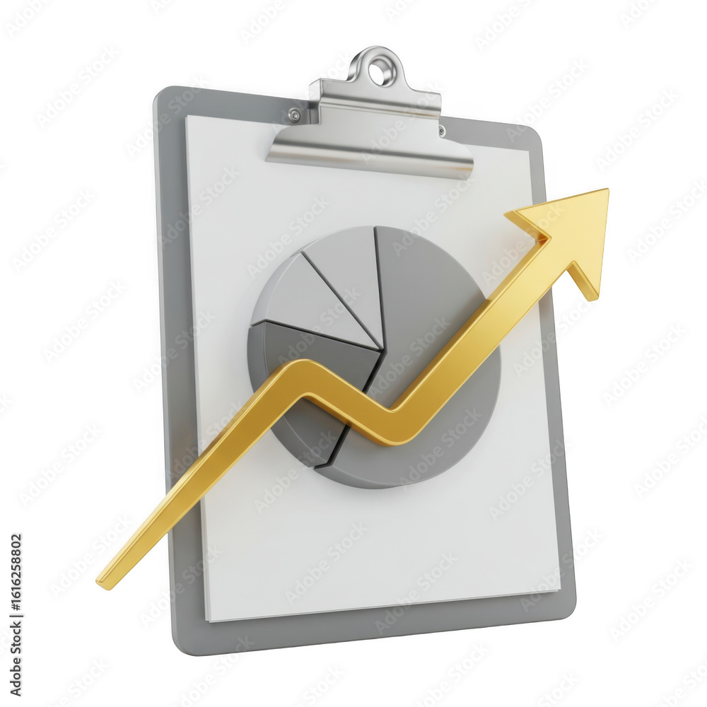 Poster 3d clipboard with pie chart and upward arrow isolated on transparent background