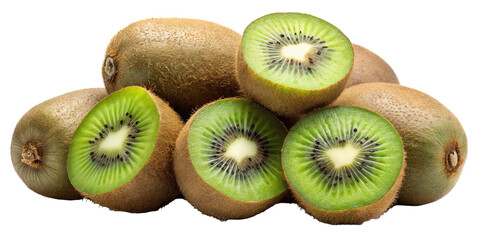 Fototapeta premium A vibrant pile of fresh kiwi fruit some whole and some sliced in half showcasing their green flesh and black seeds