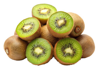 Fototapeta premium A vibrant pyramid of fresh sliced and whole kiwifruits showcasing their bright green flesh and black seeds against a dark background