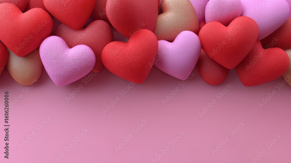 Poster row of hearts are arranged in a row on a pink background