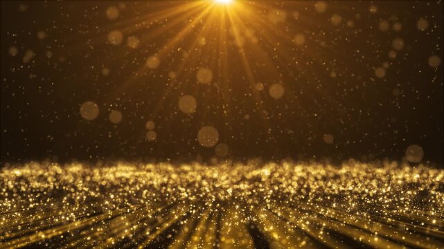 Award party stage golden glitter Particle animation. stars lights particles. Luxury light streak. awards ceremony background. dust bokeh holiday greetings presentation slideshow particle event award