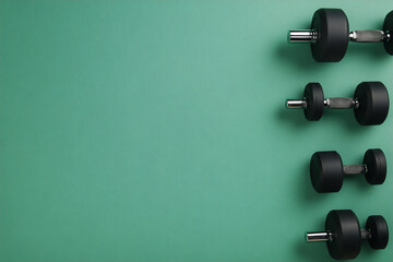 Fitness dumbbells on teal background weight training workout gym exercise strength