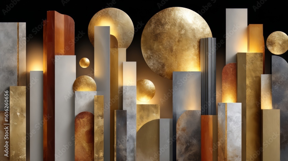 Aufkleber the image is a series of gold and silver structures that are illuminated