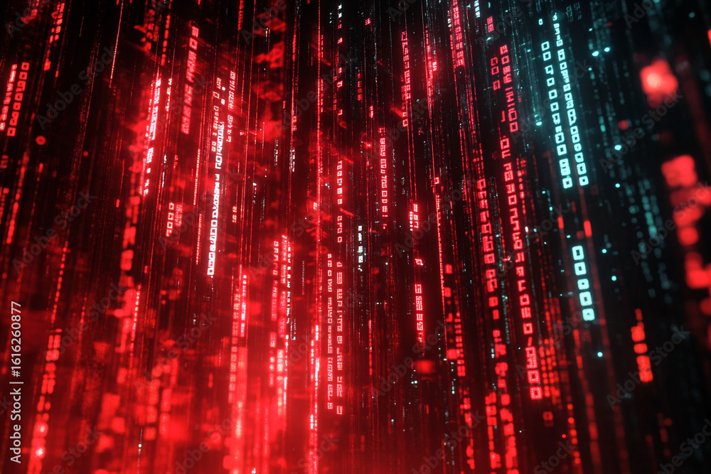 Poster red and teal digital code streams falling down a dark background a futuristic digital rain effect