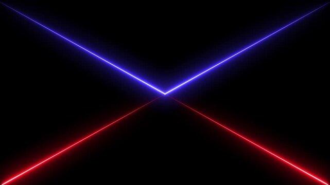 modern hi-tech background with intersecting neon lines,futuristic red vs blue laser beams background loop,abstract versus concept with intersecting light beams,glowing red and blue neon lines crossing