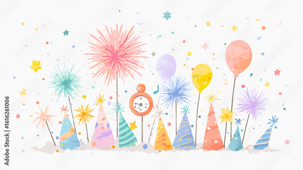 Poster a colorful scene of party decorations with a clock in the middle. the decorations include a variety 
