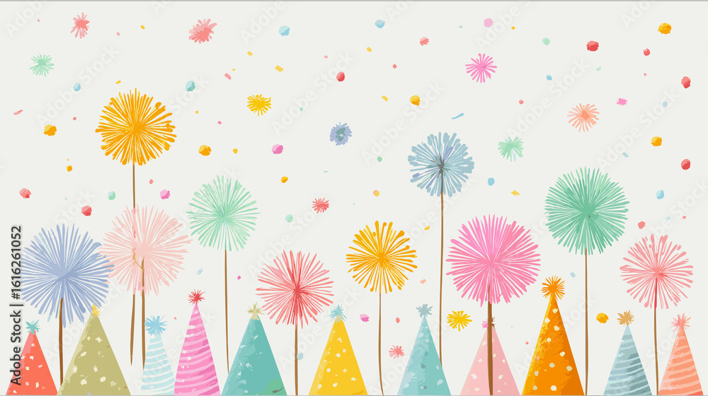 Poster a colorful scene of a party with many colorful trees and a lot of confetti. the trees are decorated 