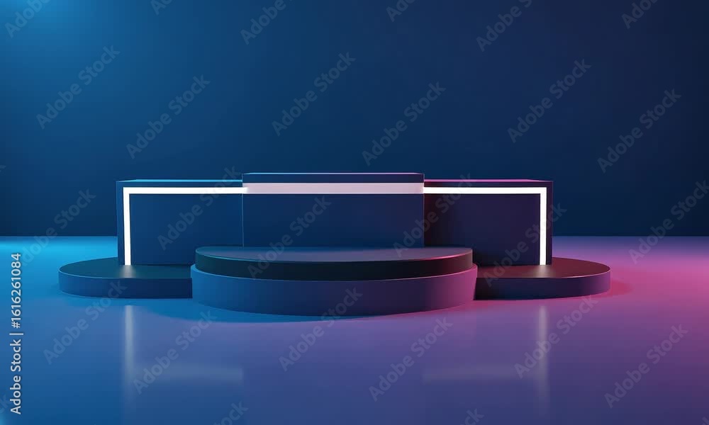 Poster a futuristic blue podium with neon lights for product display in studio background design render