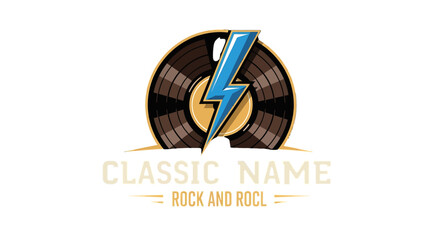 A stylized logo featuring a vinyl record, lightning bolt, and text, representing classic rock music.