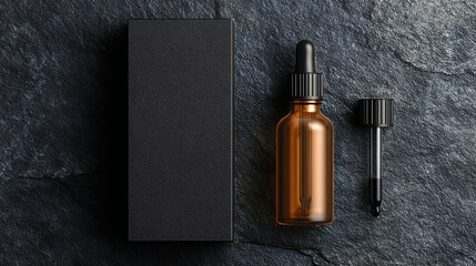 Obraz premium Amber glass dropper bottle with black cap and box on dark stone amber dropper bottle glass bottle