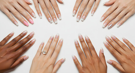 Diverse female hands with elegant French manicures are arranged together in a circle on a white background.