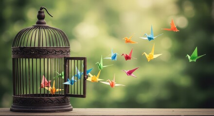Origami cranes flying free from an open birdcage