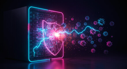 Futuristic cybersecurity concept with a glowing neon shield blocking and destroying digital virus attacks in a 3D rendering