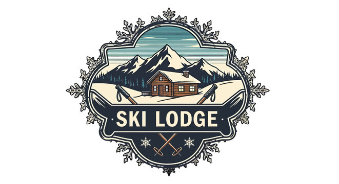 Vintage illustration depicting a cozy ski lodge nestled in a snowy mountain landscape, with skis.