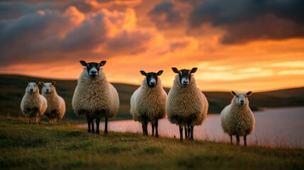 Fototapeta premium sheep on a green field against the sunset