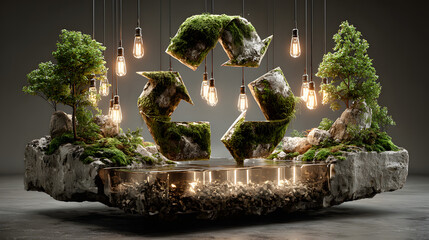 Floating Eco-Friendly Recycle Symbol Made of Mossy Rocks and Trees with Hanging Edison Bulbs