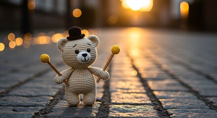 Whimsical crocheted teddy bear in a top hat, ready to play drums, standing on a sunlit street at golden hour, symbolizing creativity and joy.